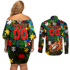 Rabbitohs Autism Awareness Couples Matching Off Shoulder Short Dress and Long Sleeve Button Shirt Puzzle Flames Rugby Ball