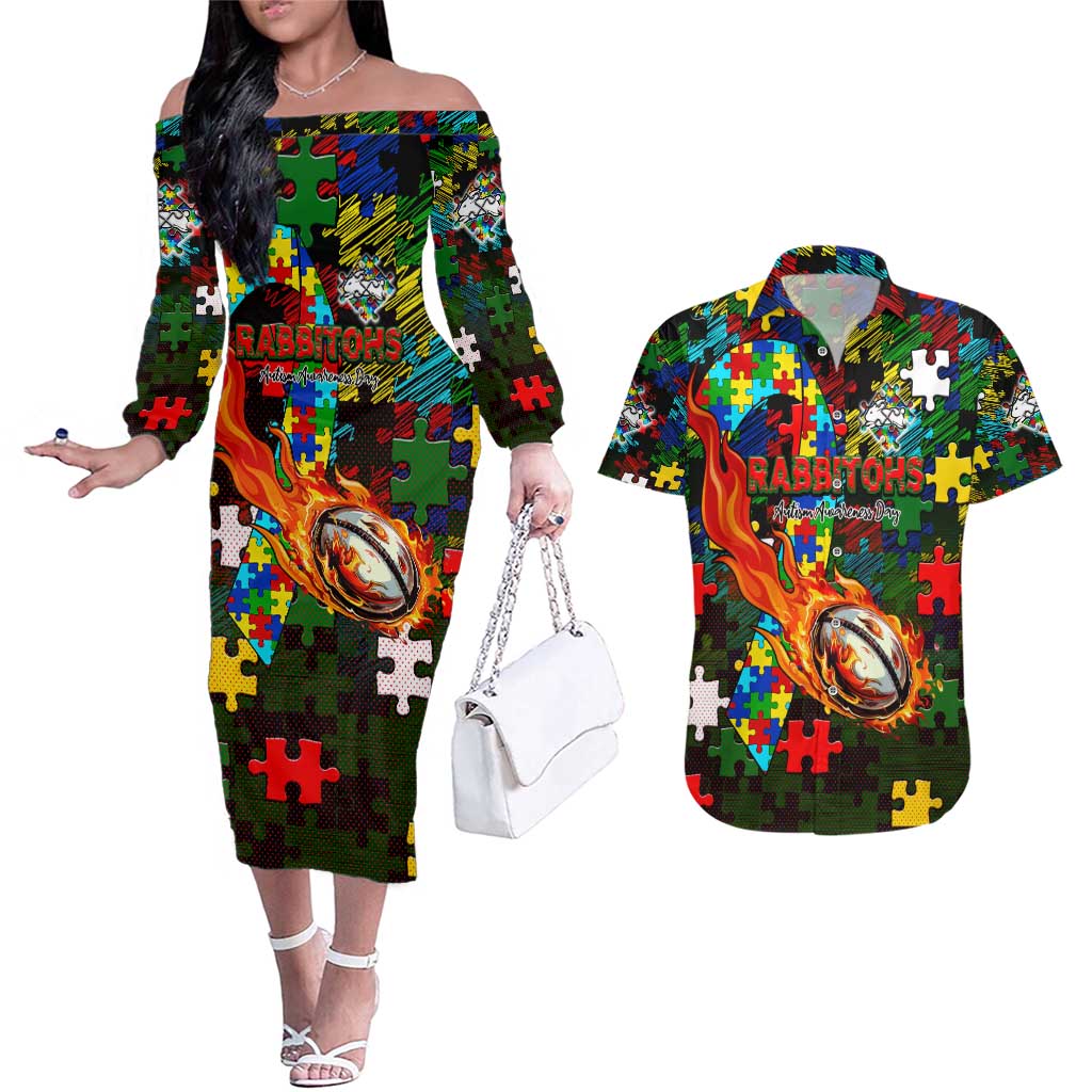 Rabbitohs Autism Awareness Couples Matching Off The Shoulder Long Sleeve Dress and Hawaiian Shirt Puzzle Flames Rugby Ball