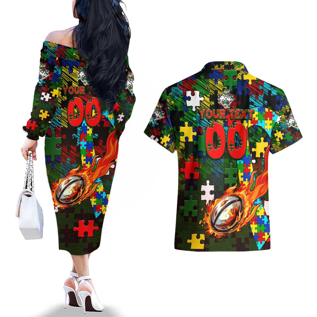 Rabbitohs Autism Awareness Couples Matching Off The Shoulder Long Sleeve Dress and Hawaiian Shirt Puzzle Flames Rugby Ball