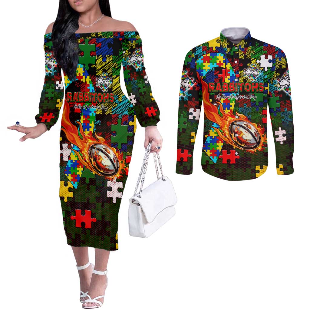 Rabbitohs Autism Awareness Couples Matching Off The Shoulder Long Sleeve Dress and Long Sleeve Button Shirt Puzzle Flames Rugby Ball
