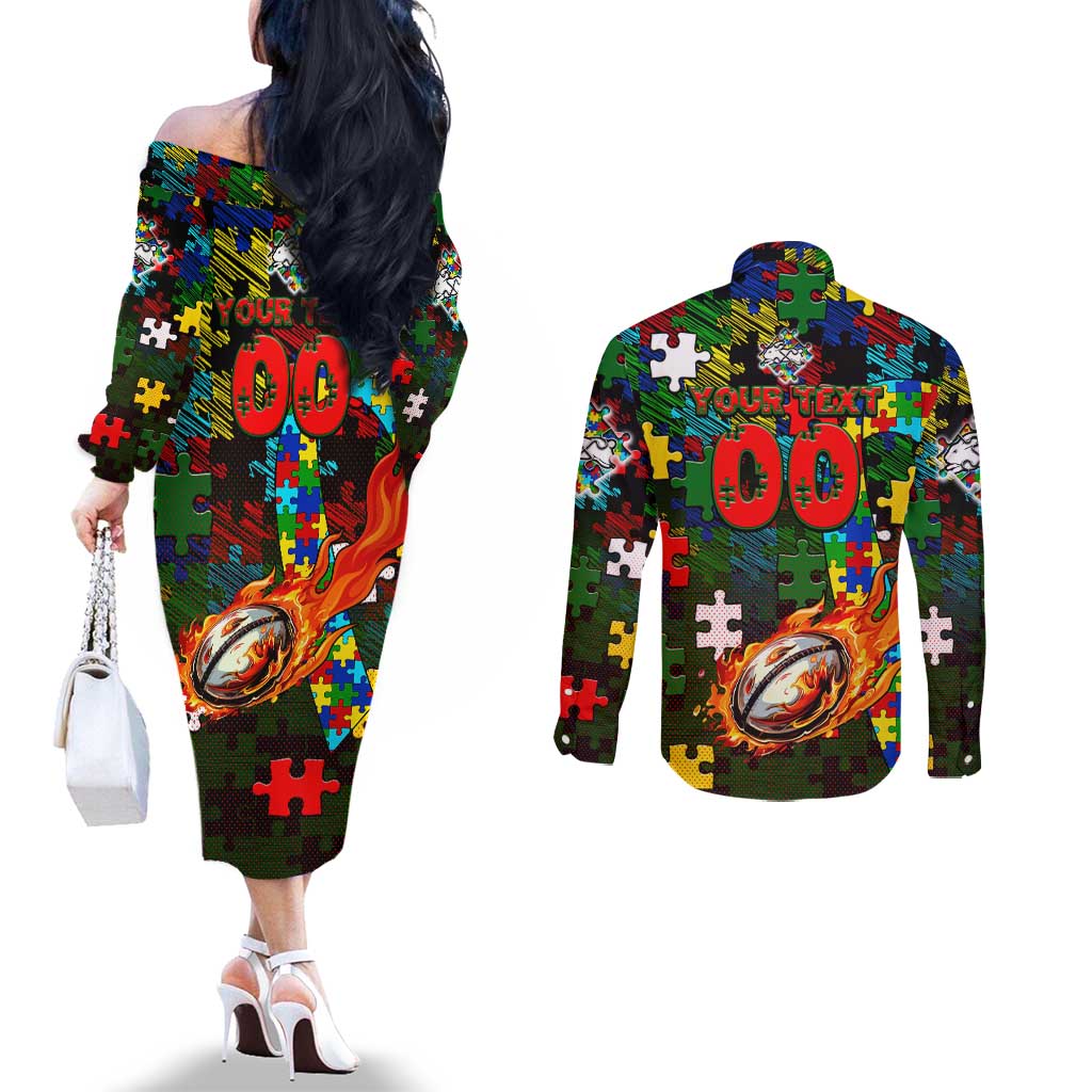 Rabbitohs Autism Awareness Couples Matching Off The Shoulder Long Sleeve Dress and Long Sleeve Button Shirt Puzzle Flames Rugby Ball