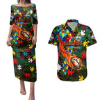 Rabbitohs Autism Awareness Couples Matching Puletasi and Hawaiian Shirt Puzzle Flames Rugby Ball
