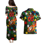 Rabbitohs Autism Awareness Couples Matching Puletasi and Hawaiian Shirt Puzzle Flames Rugby Ball