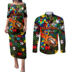 Rabbitohs Autism Awareness Couples Matching Puletasi and Long Sleeve Button Shirt Puzzle Flames Rugby Ball