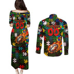 Rabbitohs Autism Awareness Couples Matching Puletasi and Long Sleeve Button Shirt Puzzle Flames Rugby Ball