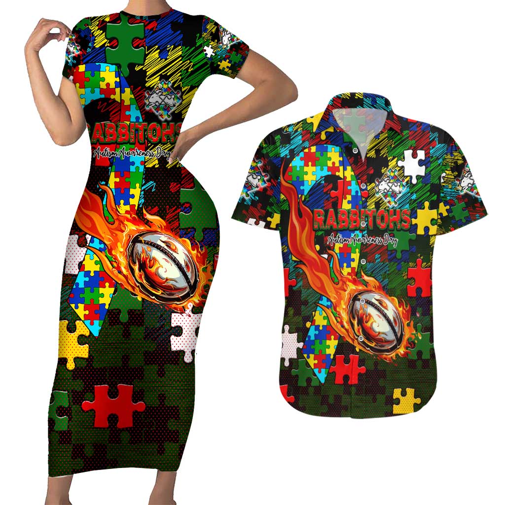Rabbitohs Autism Awareness Couples Matching Short Sleeve Bodycon Dress and Hawaiian Shirt Puzzle Flames Rugby Ball