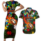 Rabbitohs Autism Awareness Couples Matching Short Sleeve Bodycon Dress and Hawaiian Shirt Puzzle Flames Rugby Ball