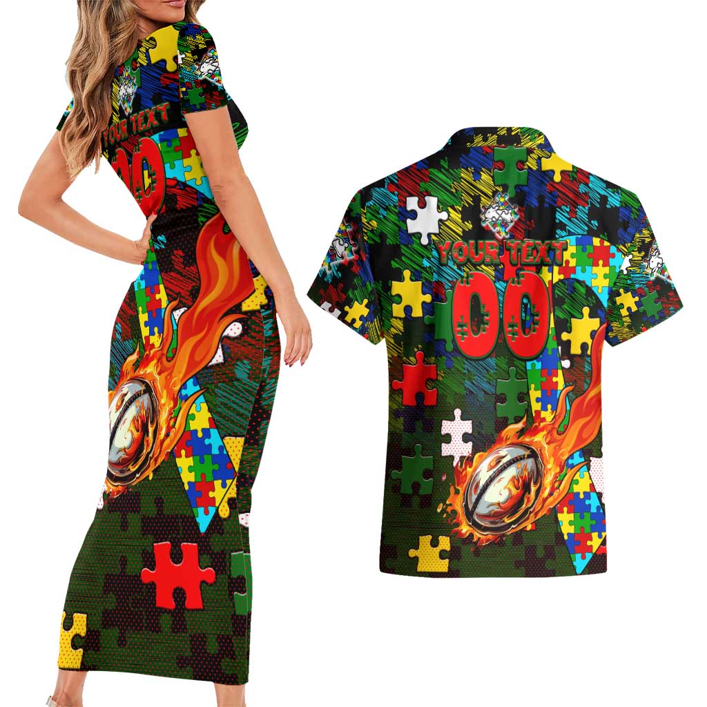 Rabbitohs Autism Awareness Couples Matching Short Sleeve Bodycon Dress and Hawaiian Shirt Puzzle Flames Rugby Ball