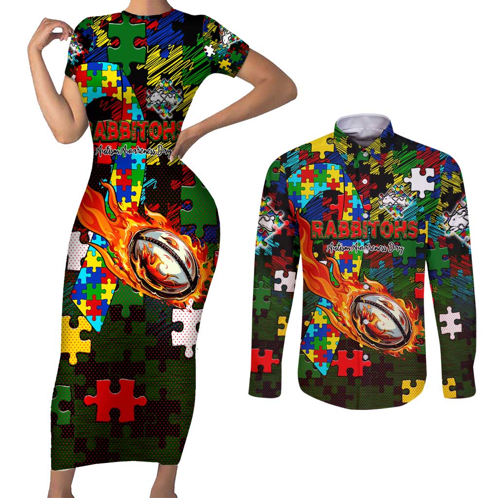 Rabbitohs Autism Awareness Couples Matching Short Sleeve Bodycon Dress and Long Sleeve Button Shirt Puzzle Flames Rugby Ball