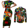 Rabbitohs Autism Awareness Couples Matching Short Sleeve Bodycon Dress and Long Sleeve Button Shirt Puzzle Flames Rugby Ball