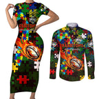 Rabbitohs Autism Awareness Couples Matching Short Sleeve Bodycon Dress and Long Sleeve Button Shirt Puzzle Flames Rugby Ball