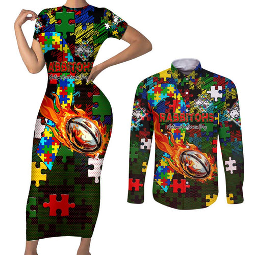 Rabbitohs Autism Awareness Couples Matching Short Sleeve Bodycon Dress and Long Sleeve Button Shirt Puzzle Flames Rugby Ball