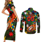 Rabbitohs Autism Awareness Couples Matching Short Sleeve Bodycon Dress and Long Sleeve Button Shirt Puzzle Flames Rugby Ball