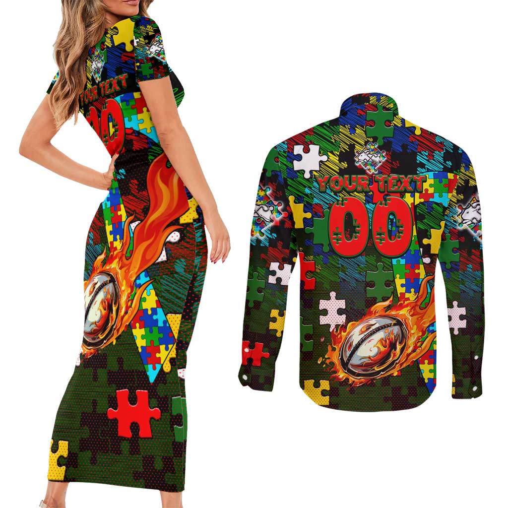 Rabbitohs Autism Awareness Couples Matching Short Sleeve Bodycon Dress and Long Sleeve Button Shirt Puzzle Flames Rugby Ball