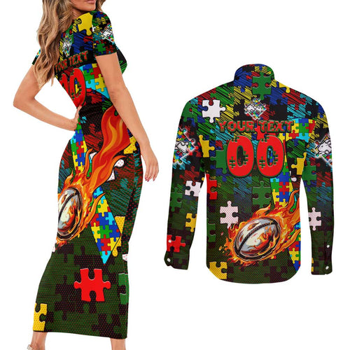Rabbitohs Autism Awareness Couples Matching Short Sleeve Bodycon Dress and Long Sleeve Button Shirt Puzzle Flames Rugby Ball