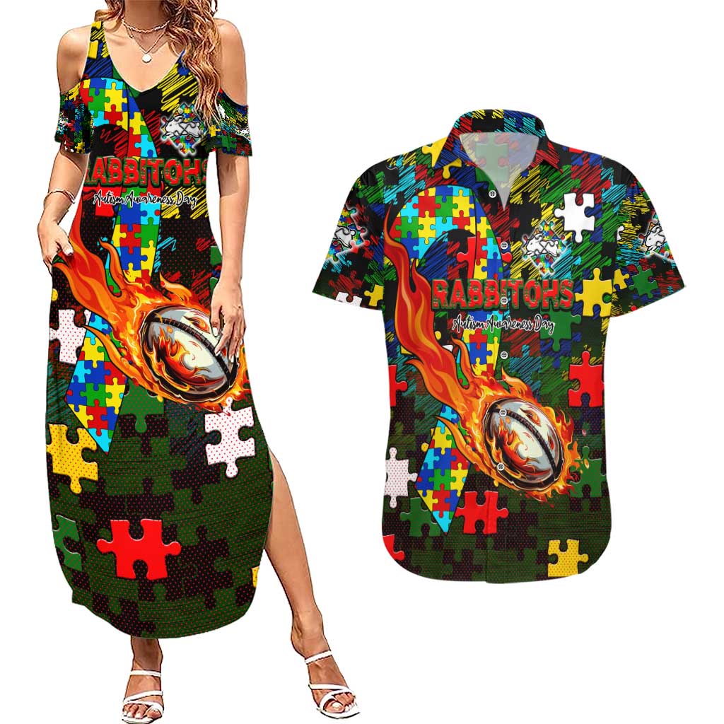 Rabbitohs Autism Awareness Couples Matching Summer Maxi Dress and Hawaiian Shirt Puzzle Flames Rugby Ball