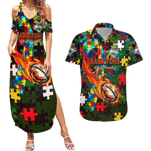 Rabbitohs Autism Awareness Couples Matching Summer Maxi Dress and Hawaiian Shirt Puzzle Flames Rugby Ball