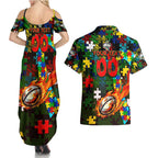 Rabbitohs Autism Awareness Couples Matching Summer Maxi Dress and Hawaiian Shirt Puzzle Flames Rugby Ball