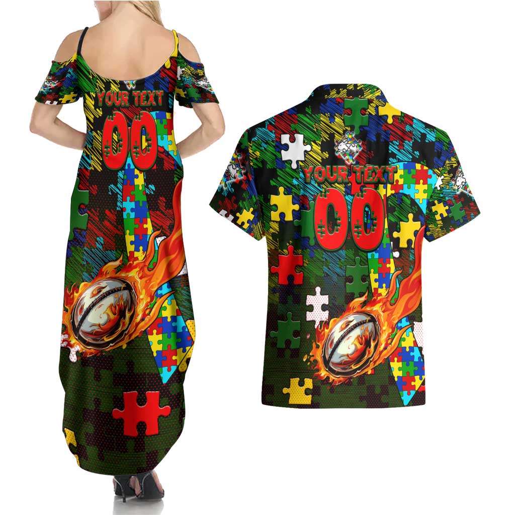 Rabbitohs Autism Awareness Couples Matching Summer Maxi Dress and Hawaiian Shirt Puzzle Flames Rugby Ball