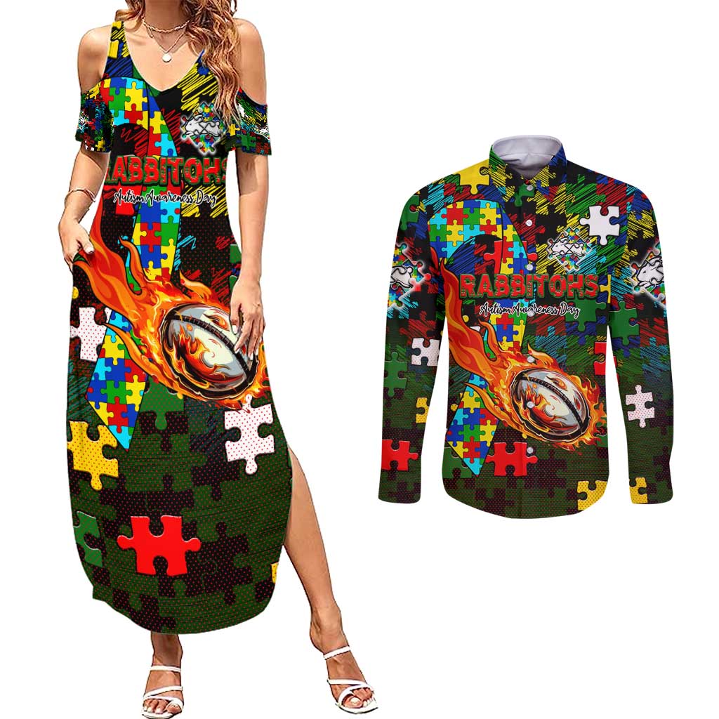 Rabbitohs Autism Awareness Couples Matching Summer Maxi Dress and Long Sleeve Button Shirt Puzzle Flames Rugby Ball