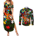 Rabbitohs Autism Awareness Couples Matching Summer Maxi Dress and Long Sleeve Button Shirt Puzzle Flames Rugby Ball