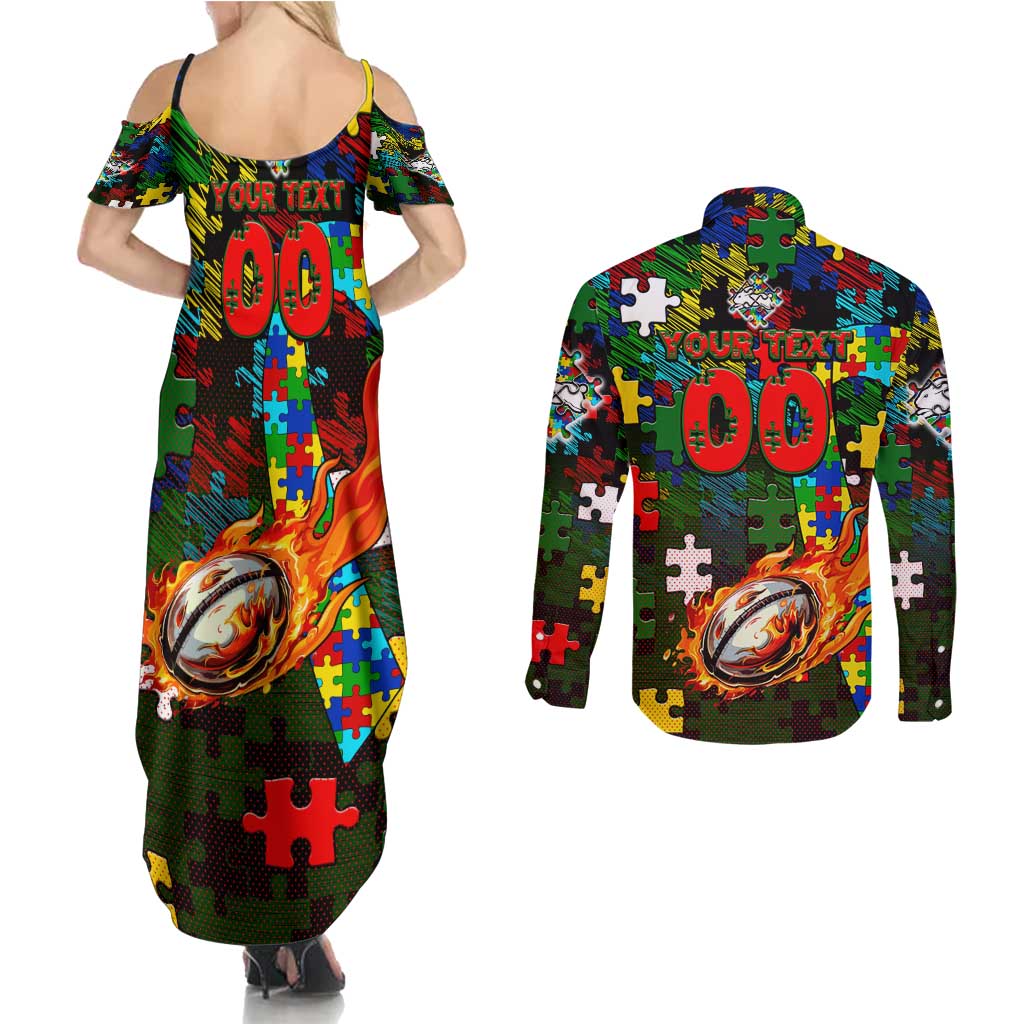 Rabbitohs Autism Awareness Couples Matching Summer Maxi Dress and Long Sleeve Button Shirt Puzzle Flames Rugby Ball