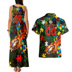 Rabbitohs Autism Awareness Couples Matching Tank Maxi Dress and Hawaiian Shirt Puzzle Flames Rugby Ball