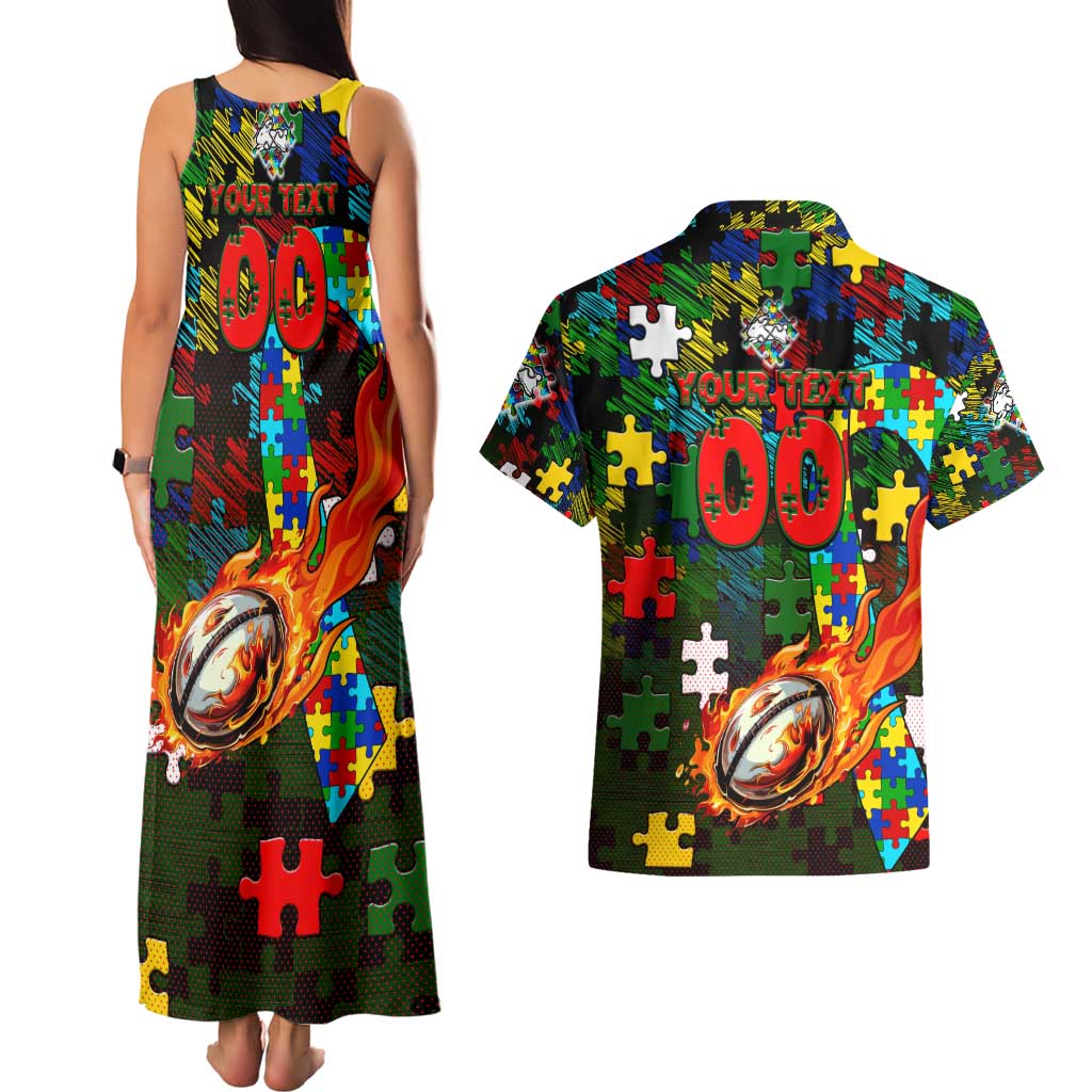 Rabbitohs Autism Awareness Couples Matching Tank Maxi Dress and Hawaiian Shirt Puzzle Flames Rugby Ball