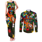 Rabbitohs Autism Awareness Couples Matching Tank Maxi Dress and Long Sleeve Button Shirt Puzzle Flames Rugby Ball