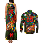 Rabbitohs Autism Awareness Couples Matching Tank Maxi Dress and Long Sleeve Button Shirt Puzzle Flames Rugby Ball