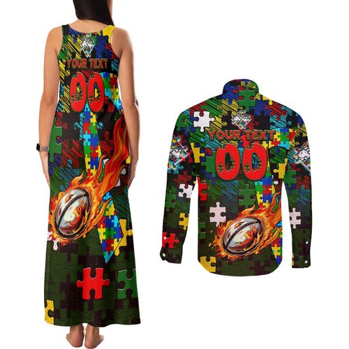 Rabbitohs Autism Awareness Couples Matching Tank Maxi Dress and Long Sleeve Button Shirt Puzzle Flames Rugby Ball