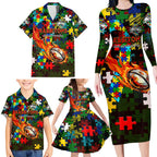 Rabbitohs Autism Awareness Family Matching Long Sleeve Bodycon Dress and Hawaiian Shirt Puzzle Flames Rugby Ball