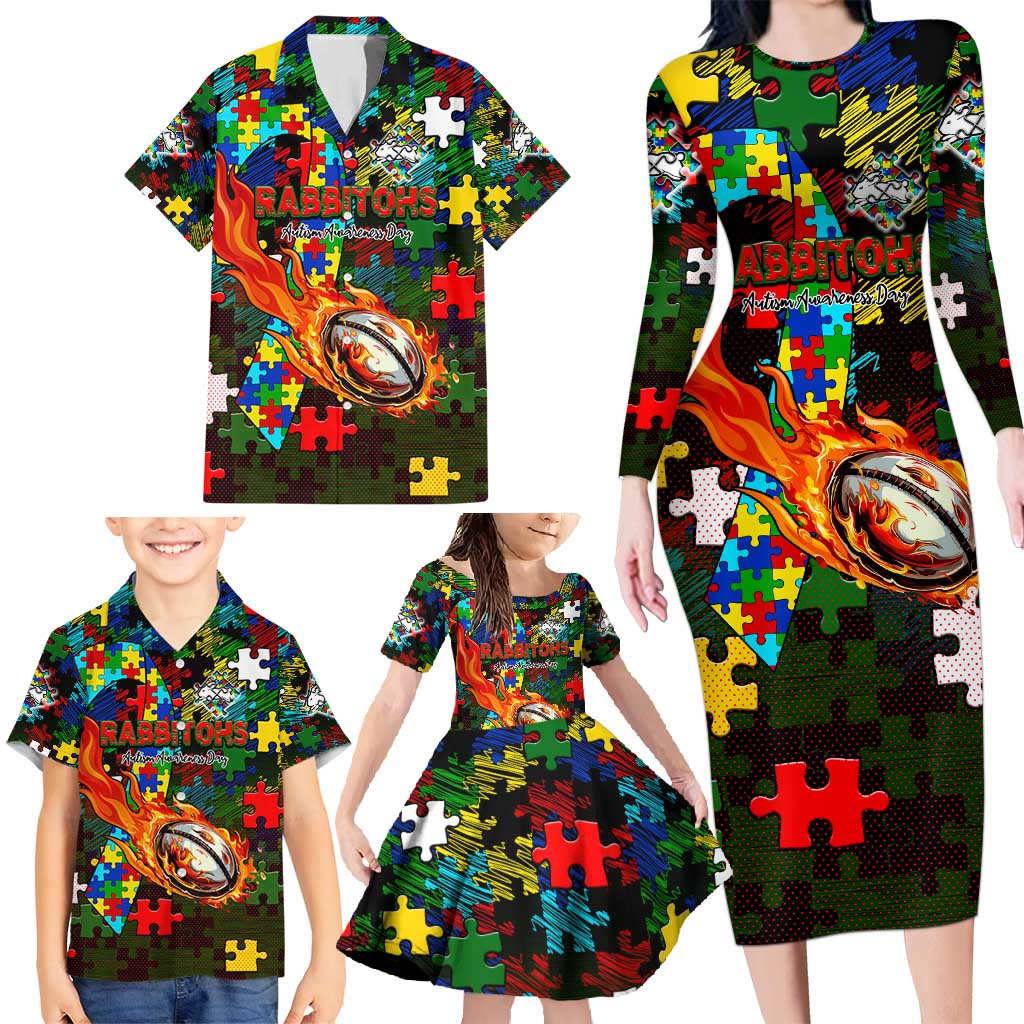 Rabbitohs Autism Awareness Family Matching Long Sleeve Bodycon Dress and Hawaiian Shirt Puzzle Flames Rugby Ball