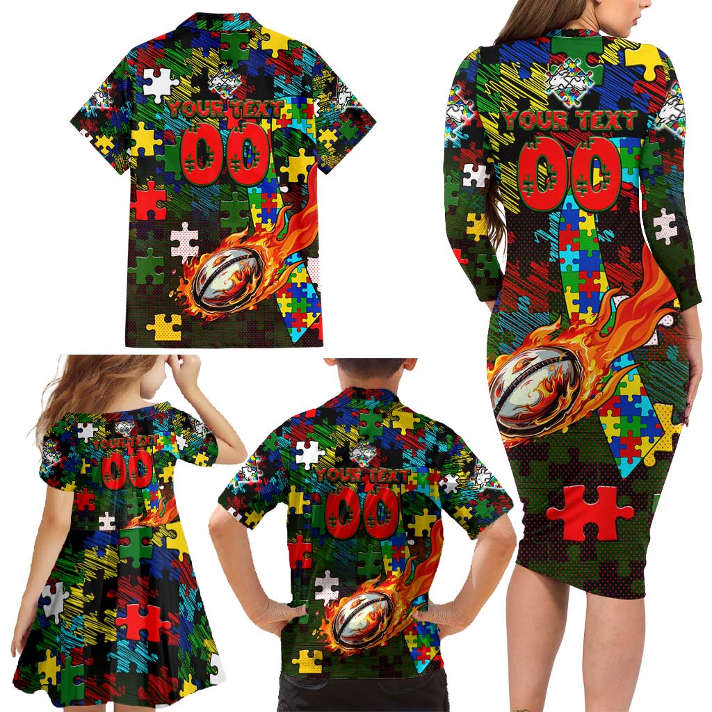 Rabbitohs Autism Awareness Family Matching Long Sleeve Bodycon Dress and Hawaiian Shirt Puzzle Flames Rugby Ball