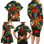 Rabbitohs Autism Awareness Family Matching Long Sleeve Bodycon Dress and Hawaiian Shirt Puzzle Flames Rugby Ball