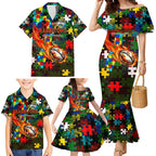 Rabbitohs Autism Awareness Family Matching Mermaid Dress and Hawaiian Shirt Puzzle Flames Rugby Ball