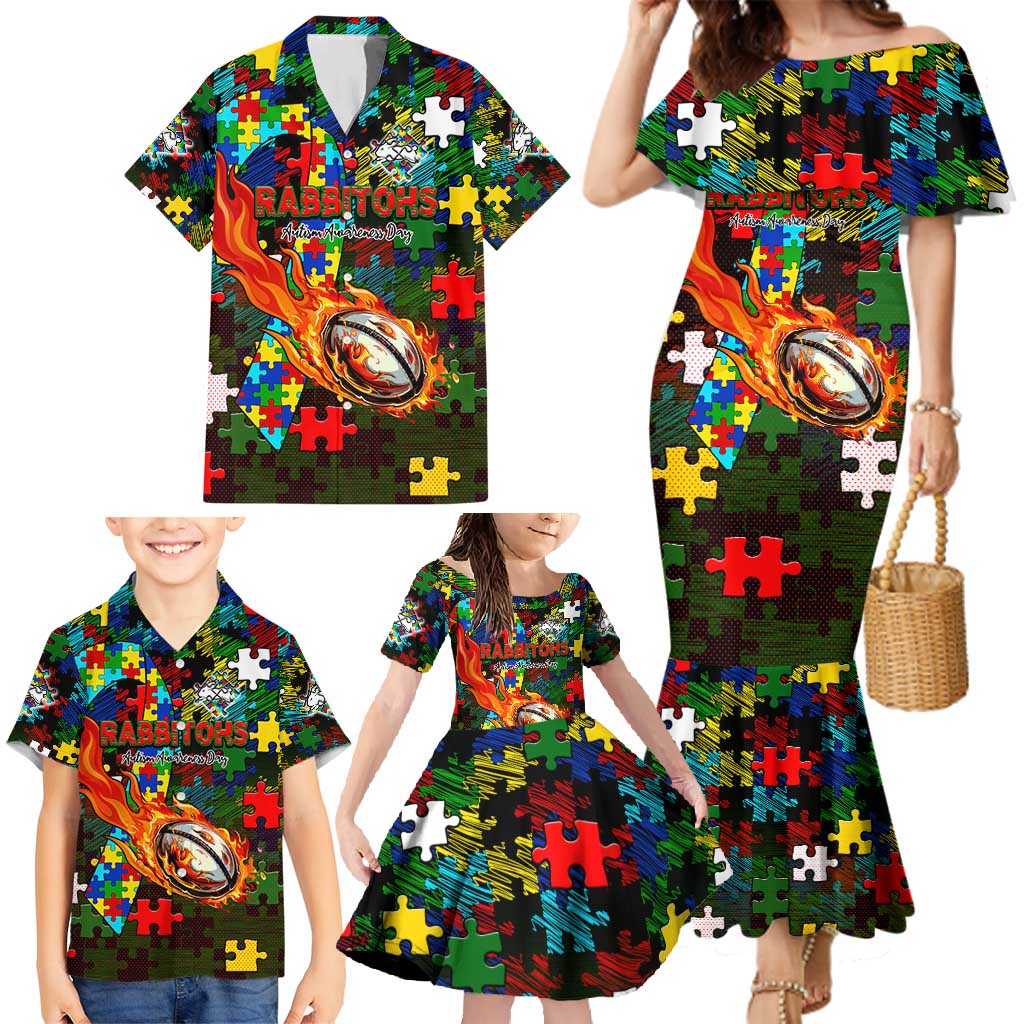 Rabbitohs Autism Awareness Family Matching Mermaid Dress and Hawaiian Shirt Puzzle Flames Rugby Ball