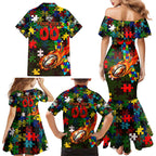Rabbitohs Autism Awareness Family Matching Mermaid Dress and Hawaiian Shirt Puzzle Flames Rugby Ball