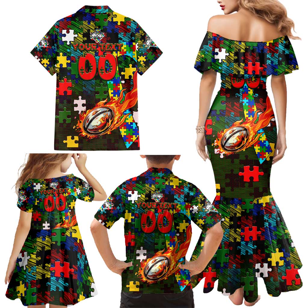 Rabbitohs Autism Awareness Family Matching Mermaid Dress and Hawaiian Shirt Puzzle Flames Rugby Ball