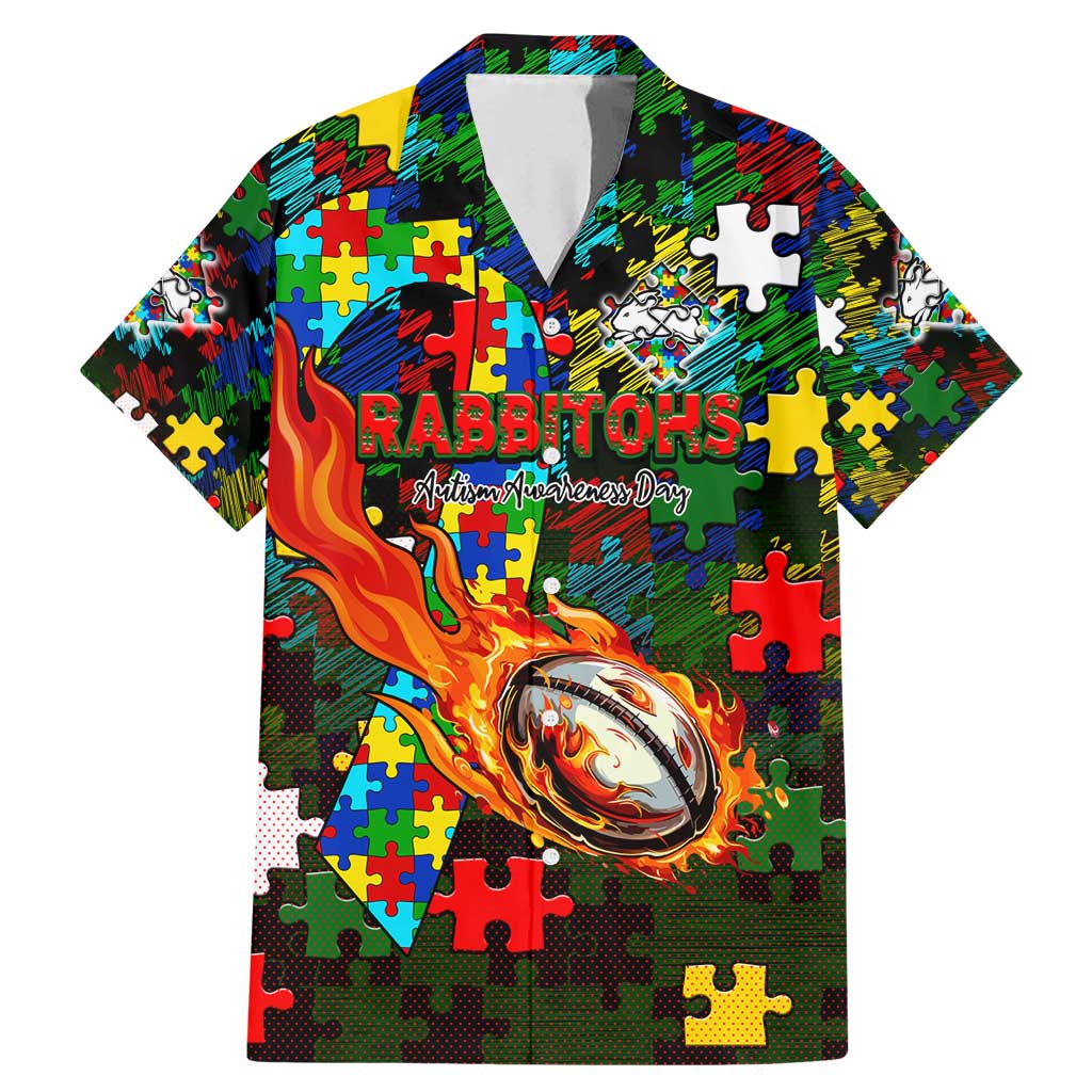 Rabbitohs Autism Awareness Family Matching Mermaid Dress and Hawaiian Shirt Puzzle Flames Rugby Ball