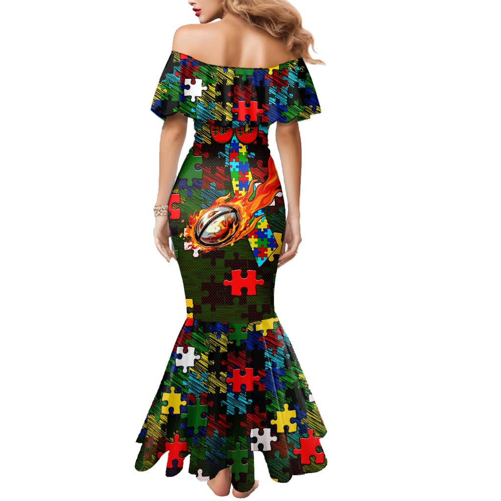 Rabbitohs Autism Awareness Family Matching Mermaid Dress and Hawaiian Shirt Puzzle Flames Rugby Ball