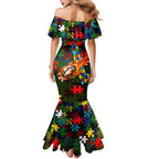 Rabbitohs Autism Awareness Family Matching Mermaid Dress and Hawaiian Shirt Puzzle Flames Rugby Ball
