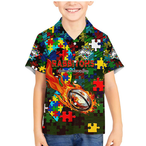 Rabbitohs Autism Awareness Family Matching Mermaid Dress and Hawaiian Shirt Puzzle Flames Rugby Ball