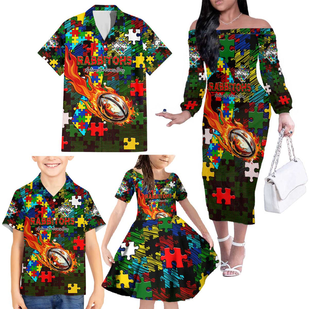Rabbitohs Autism Awareness Family Matching Off The Shoulder Long Sleeve Dress and Hawaiian Shirt Puzzle Flames Rugby Ball