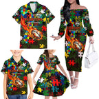 Rabbitohs Autism Awareness Family Matching Off The Shoulder Long Sleeve Dress and Hawaiian Shirt Puzzle Flames Rugby Ball