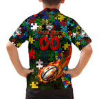 Rabbitohs Autism Awareness Family Matching Off The Shoulder Long Sleeve Dress and Hawaiian Shirt Puzzle Flames Rugby Ball