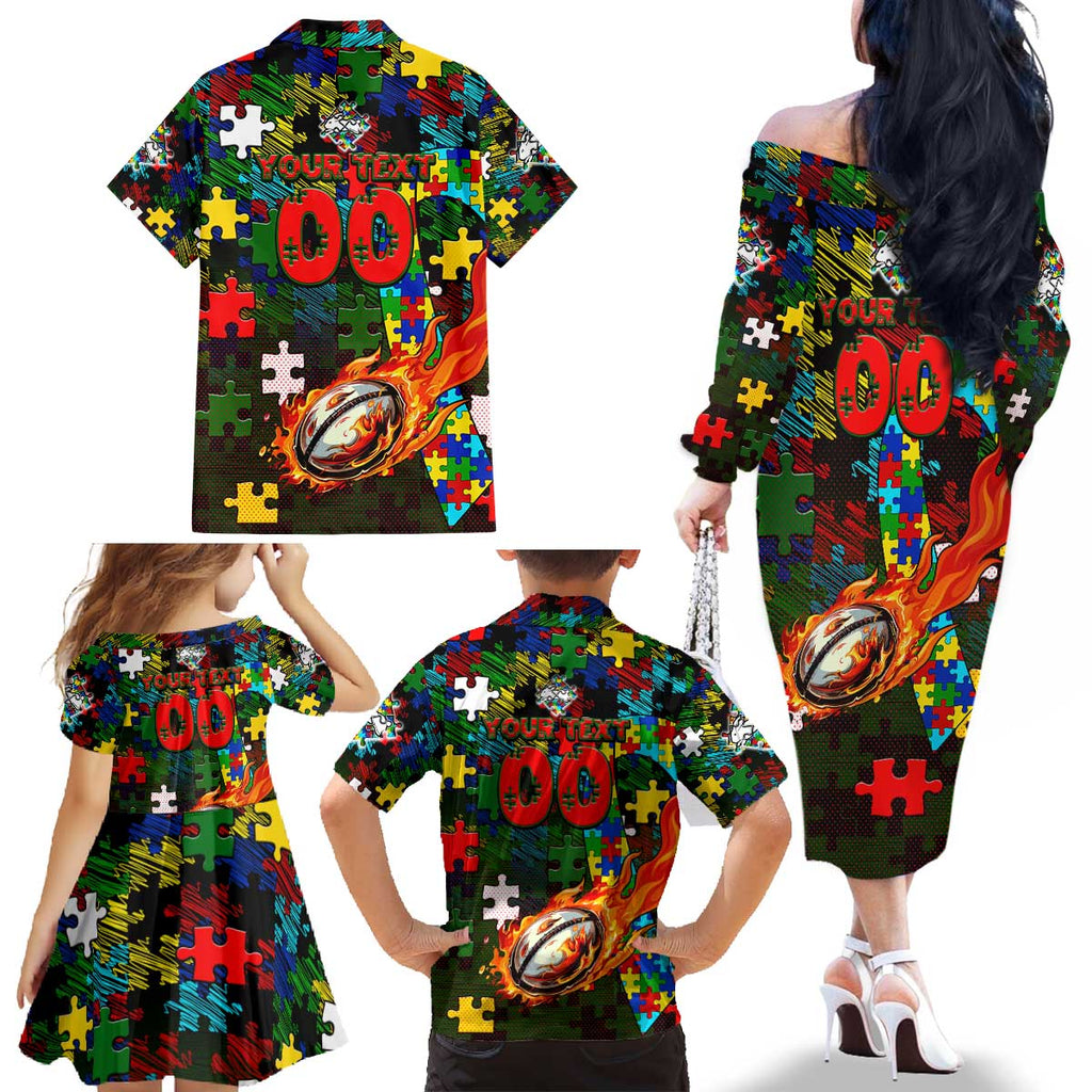 Rabbitohs Autism Awareness Family Matching Off The Shoulder Long Sleeve Dress and Hawaiian Shirt Puzzle Flames Rugby Ball