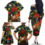 Rabbitohs Autism Awareness Family Matching Off The Shoulder Long Sleeve Dress and Hawaiian Shirt Puzzle Flames Rugby Ball
