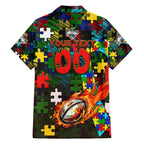 Rabbitohs Autism Awareness Family Matching Off The Shoulder Long Sleeve Dress and Hawaiian Shirt Puzzle Flames Rugby Ball
