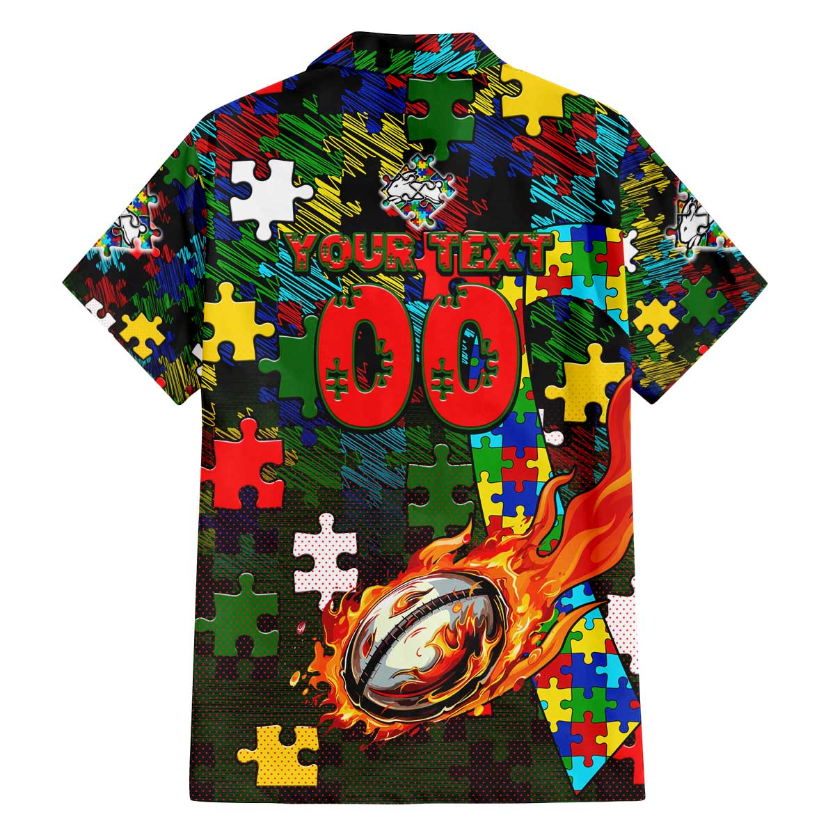 Rabbitohs Autism Awareness Family Matching Off The Shoulder Long Sleeve Dress and Hawaiian Shirt Puzzle Flames Rugby Ball